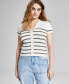 Фото #1 товара Women's Striped Ribbed Polo Short-Sleeve Sweater, Created for Macy's