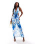 ASOS DESIGN satin plunge front maxi dress with hardware detail in blue abstract print