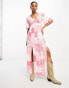 Miss Selfridge angel sleeve button through maxi dress in pink patchwork print