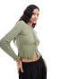 Vila long sleeve lettuce edge t-shirt with popper front in oil green