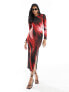 Фото #2 товара Miss Selfridge long sleeve maxi ombre print dress in red