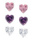 Silver Plated Brass Pink, Purple and White Cubic Zirconia Heart Stud Earrings Set