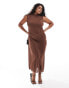 ASOS DESIGN Curve high neck pleated maxi dress with drape wrap skirt in chocolate