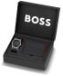 Men's Tyler Quartz Multifunction Black Leather Watch 43mm, Black Leather BOSS Card Holder Gift Set