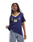 Lioness v neck sports jersey top in navy with yellow contrast trims