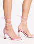 ASOS DESIGN Helsy tie leg mid heeled sandals in clear and pink