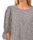 Women's Gingham 3/4 Tie-Sleeve Crew Neck Blouse