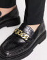 ASRA farley square toe chain loafers in black croc polished leather