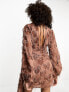 ASOS DESIGN fluffy v neck mini dress with tie waist and tie back detail in brown