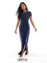 Vero Moda Petite knotted t-shirt maxi dress with split in navy