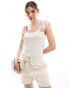 Vila super soft ribbed square neck top with fine crochet sleeve detail in beige