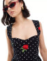 Фото #4 товара ASOS DESIGN cami strap embroidery mini dress in black with white polka dot