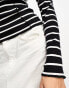 Brave Soul long sleeve striped top with ruffled collar in black