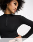 Threadbare Tall ribbed high neck half zip long sleeve bodysuit in black