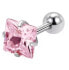 Steel piercing earring with pink crystal Square