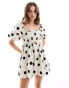 Фото #1 товара Miss Selfridge poplin shirred puffball mini dress in cream spot