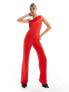 Vesper satin trim one shoulder wide leg jumpsuit in red