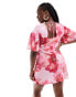 Фото #3 товара ASOS DESIGN Curve satin flutter sleeve mini dress in pink floral print