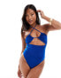 ASOS DESIGN Petite Maya ruched keyhole halter swimsuit in blue