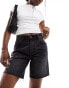 Bershka high waisted raw hem longline denim shorts in washed black