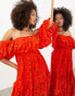 Фото #4 товара ASOS EDITION blouson off shoulder tiered broderie midi dress in tomato red