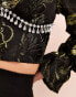 Фото #3 товара ASOS LUXE jacquard sweetheart embellished top with long sleeves in black and gold