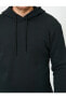 Erkek Siyah Basic Uzun Kollu Kapüsonlu Pamuklu Sweatshirt
