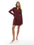 ASOS DESIGN textured long sleeve mini dress with button front and collar in burgundy