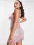 Jaded Rose Tall halterneck mini dress in pink sequin with bow detail