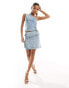 Simmi denim one shoulder top with button detail side co-ord in acid wash blue