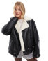 Bershka shearling trim aviator jacket in black & cream