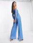 Amy Lynn Odette bardot wide leg jumpsuit in blue sparkle plisse