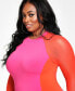 Фото #4 товара Trendy Plus Size Mesh Sleeve Colorblocked Bodycon Dress