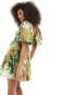 Фото #3 товара ASOS DESIGN square neck lace insert mini dress with puff sleeves in green floral print