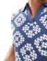 ASOS DESIGN knitted crochet revere polo in navy and ecru