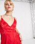 Фото #4 товара Flounce London satin wrap front midi dress in red satin