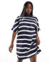 Фото #2 товара ASOS DESIGN Curve satin oversized mini tshirt dress in navy stripe