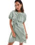 Фото #1 товара ASOS DESIGN cupro puff sleeve mini smock dress with ruching detail in sage green