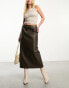 NA-KD faux leather midi skirt in dark olive