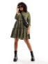 River Island plus long sleeved tiered smock dress in khaki