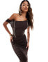 ASOS DESIGN off shoulder mesh draped maxi dress with contrast exposed seams in chocolate