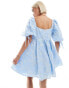 Labelrail x Olivia Grace Herring textured puff sleeve smock dress in blue