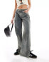 Sixth June low rise dirty wash wide leg jeans with split hem in blue