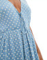 Фото #2 товара ASOS DESIGN crinkle short sleeve v neck tie front mini tea dress in blue polka dot