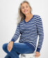 ფოტო #1 პროდუქტის Women's Cotton Striped Cable-Knit V-Neck Sweater, Created for Macy's