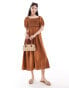 New Look shirred puff sleeve linen blend midi dress in rust Медь, 40 - фото #1