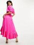 Flounce London flutter sleeve wrap front satin maxi dress in fuchsia pink