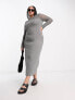ASOS DESIGN Curve ribbed long sleeve midi dress with crochet insert in grey