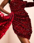 Фото #8 товара ASOS LUXE one shoulder asymmetric draped mini dress in burgundy sequin