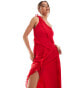 Фото #2 товара Mango frayed one shoulder midi dress in red